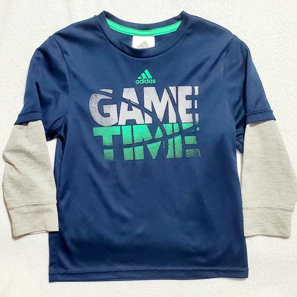 ADIDAS- Climate Boy's "Game Time" Graphic- Long Sleeve Tee- Blue- (Size 4T) - Picture 3 of 5